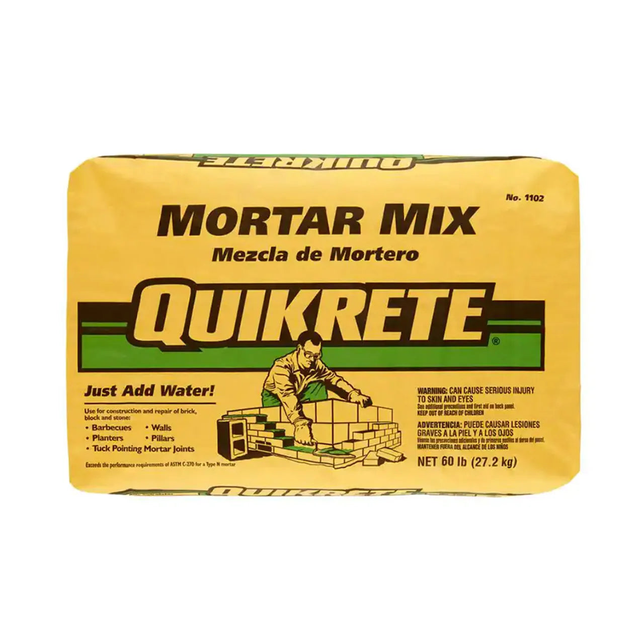 The 60 lb. Pre Blended Gray Type-N Mortar Mix by Go Build, The Fastest Way To Build, features bilingual packaging and requires only water—ideal for masonry projects!.